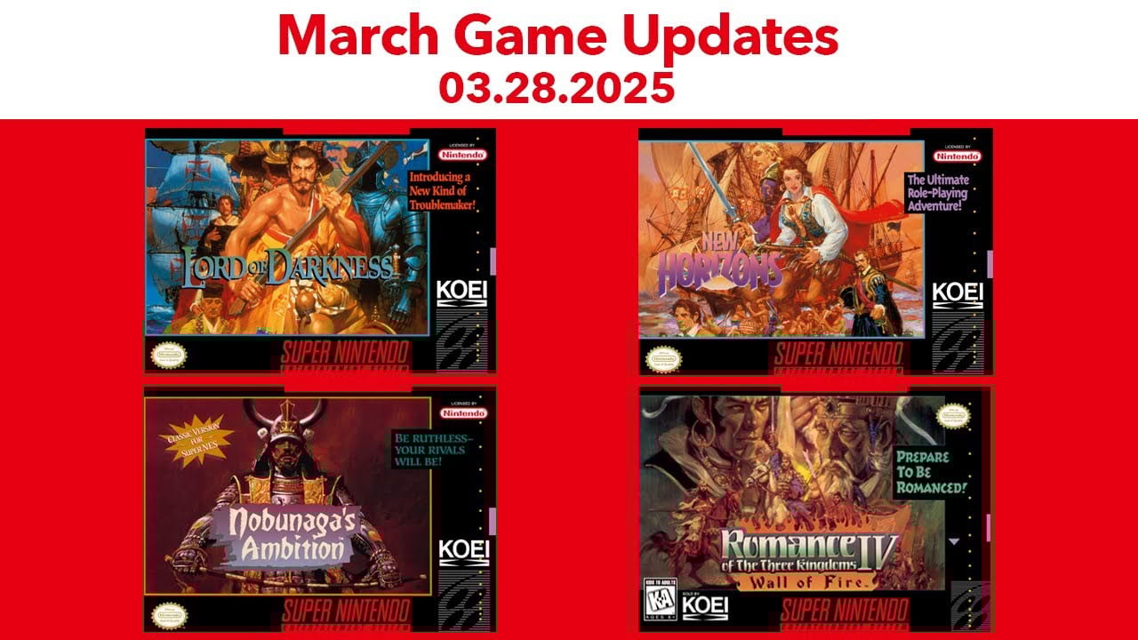 SNES – Nintendo Switch Online adds Nobunaga’s Ambition, Nobunaga’s Ambition: Lord of Darkness, Romance of the Three Kingdoms IV: Wall of Fire, and Uncharted Waters: New Horizons on March 28