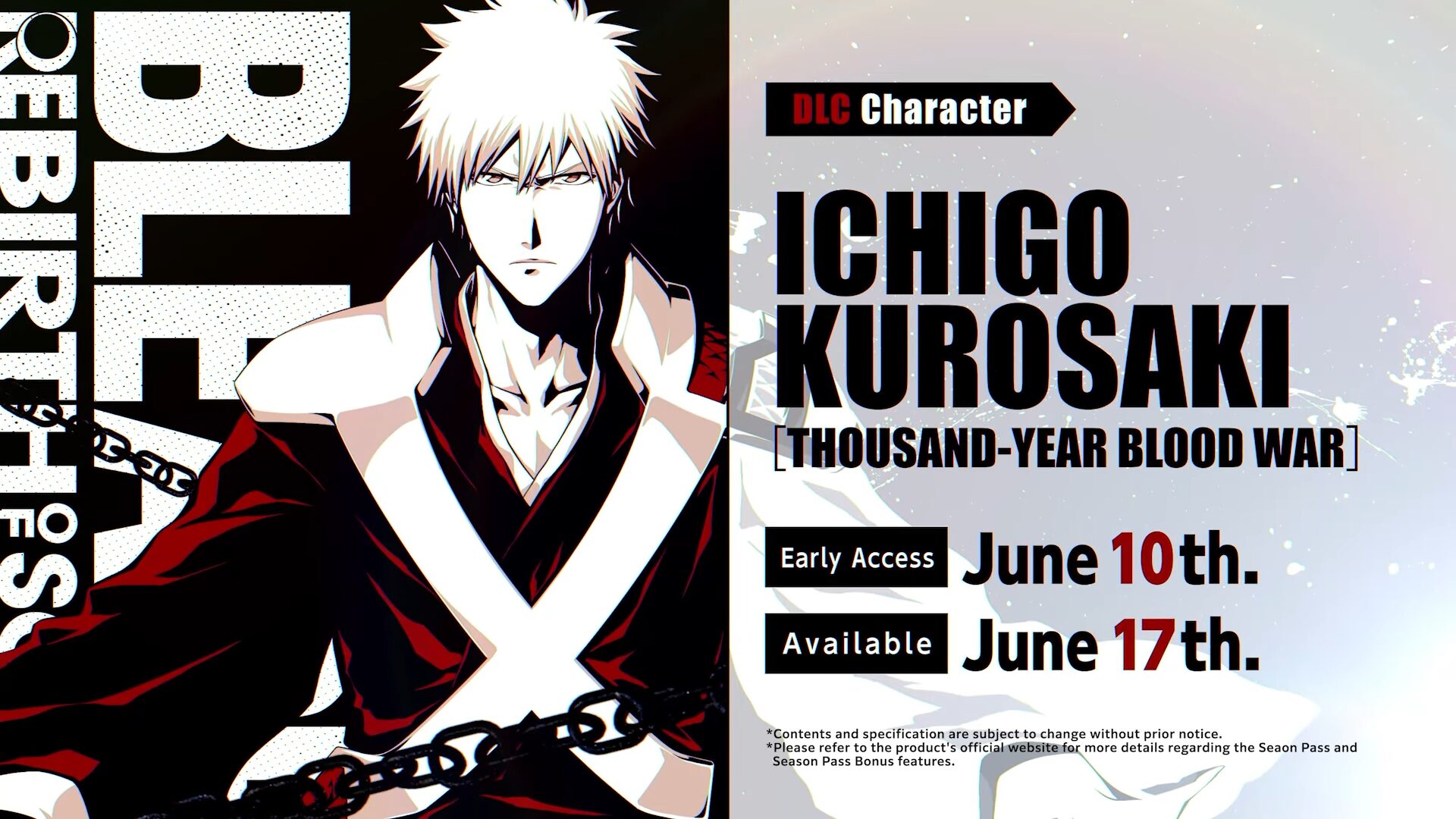 Bleach: Rebirth of Souls DLC character Ichigo Kurosaki (Thousand-Year Blood War Arc) launches June 10 for Season Pass owners, June 17 for all