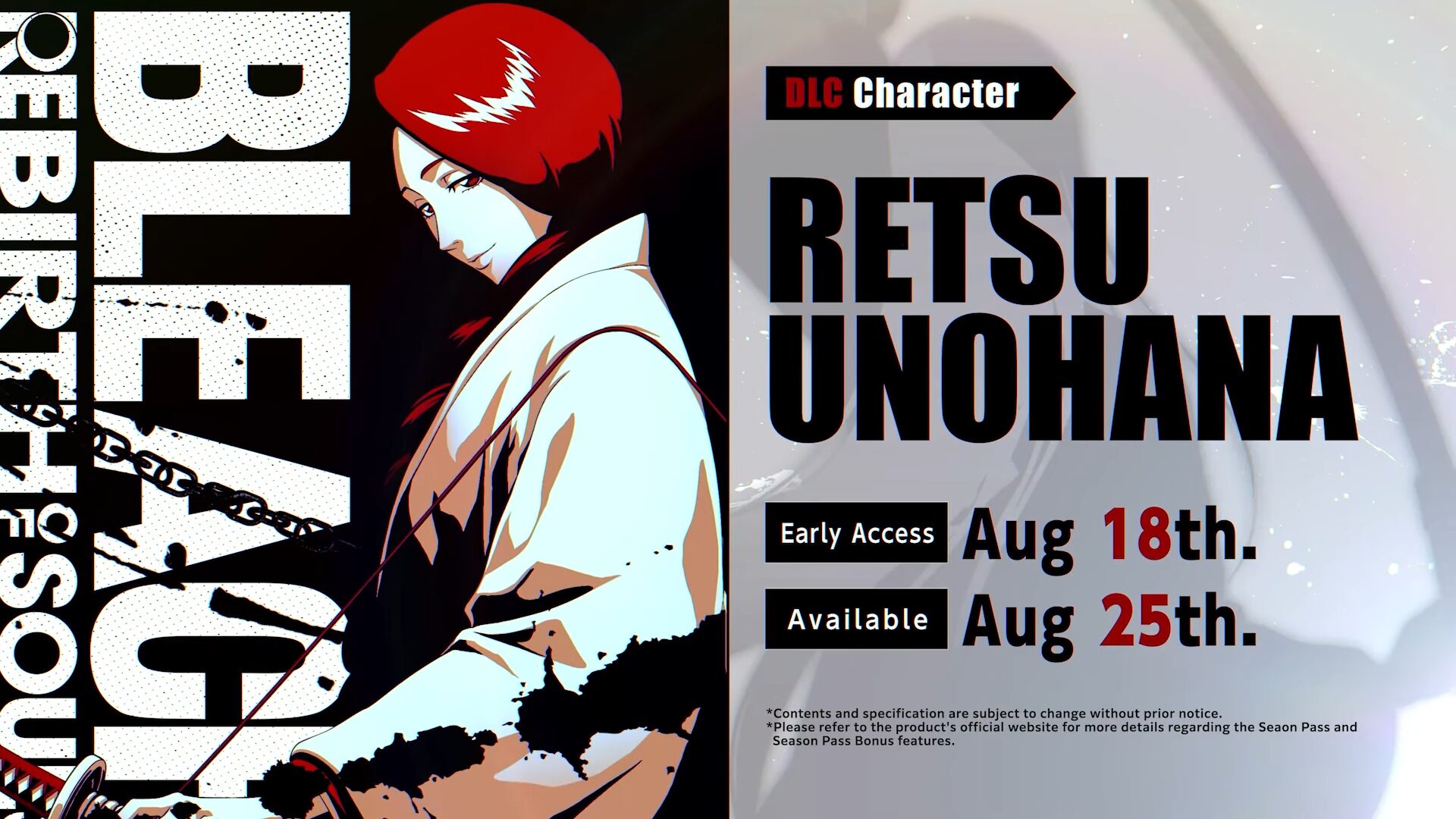 Bleach: Rebirth of Souls DLC character Retsu Unohana (The Blood Warfare) launches August 18 for Season Pass owners, August 25 for all