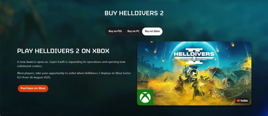 Official PlayStation Website Adds Big Xbox Advertisement For Helldivers 2