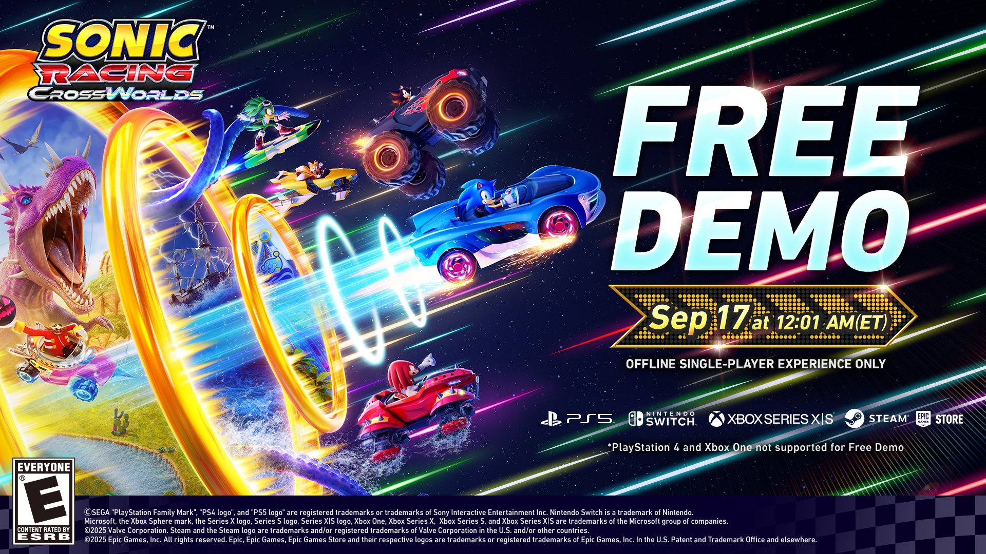 Sonic Racing: CrossWorlds single-player demo launches September 17 for PS5, Xbox Series, Switch, and PC