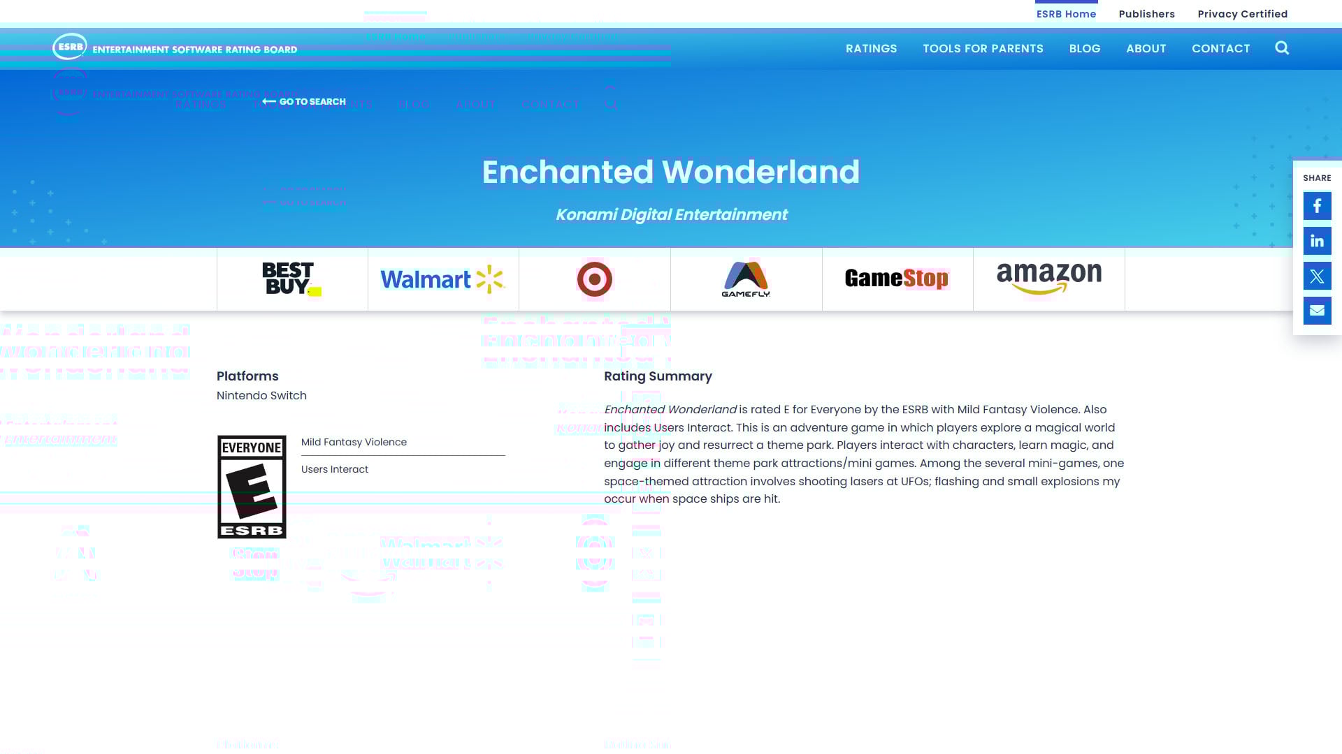 ESRB rates unannounced Konami game Enchanted Wonderland for Switch